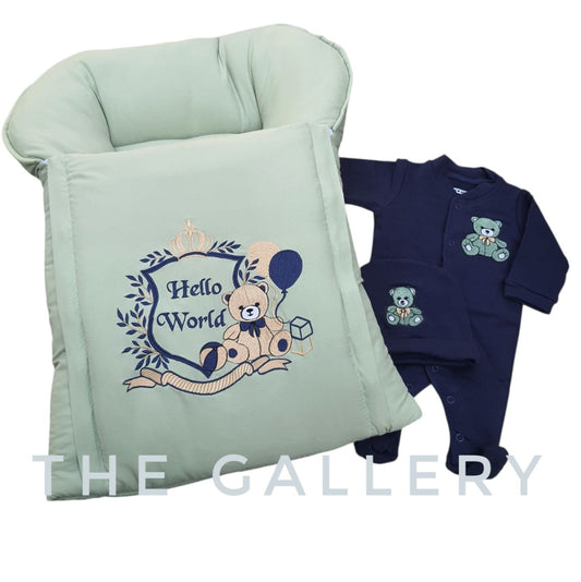 Mint Green Carrynest And Navy Blue Romper With Cap